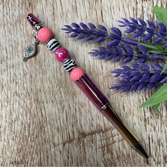 Writing Pen Evil Eye Flower Artisan Beaded Silicone m Custom Handcrafted Office - Picture 4 of 9